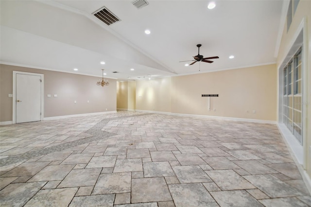 unfurnished room with ornamental molding, lofted ceiling, and visible vents