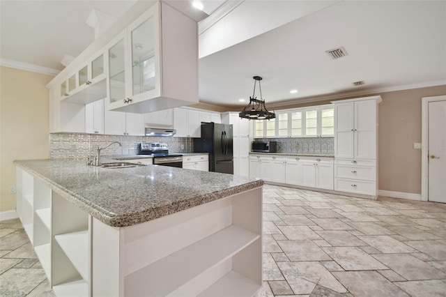 kitchen featuring ornamental molding, open shelves, appliances with stainless steel finishes, and a sink