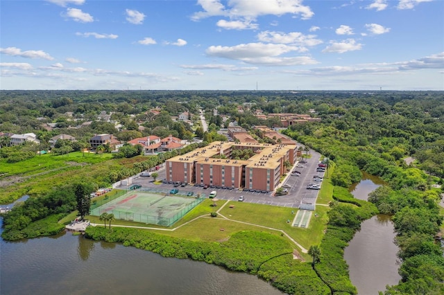 drone / aerial view with a water view