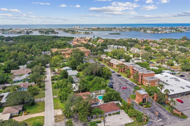 bird's eye view with a water view