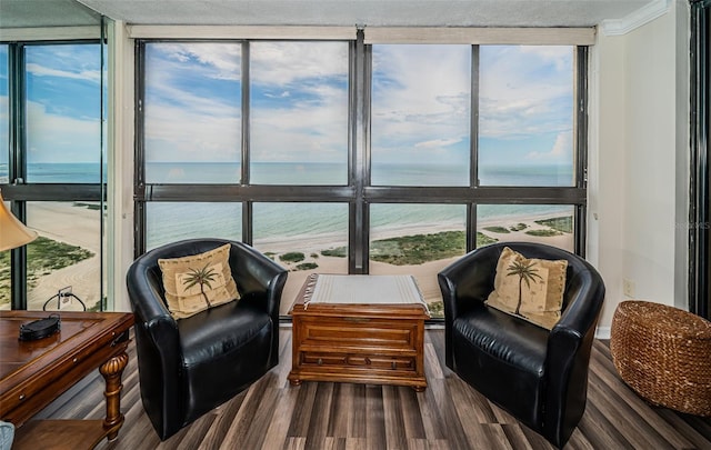 living area featuring a wall of windows, dark hardwood / wood-style flooring, a water view, and a beach view