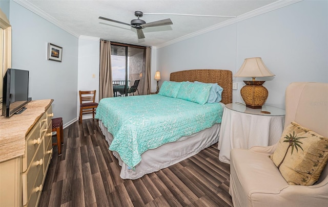 bedroom featuring ornamental molding, access to exterior, ceiling fan, and dark hardwood / wood-style floors