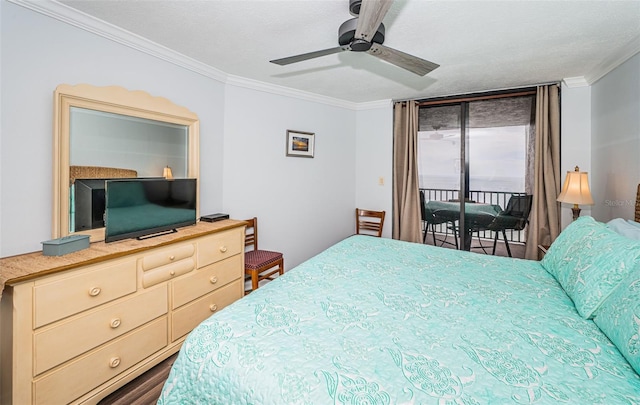 bedroom featuring a textured ceiling, dark hardwood / wood-style flooring, crown molding, access to exterior, and ceiling fan