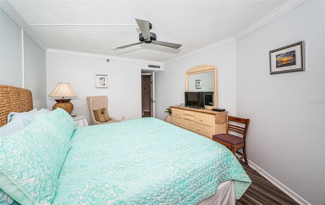 bedroom with crown molding, ceiling fan, and dark hardwood / wood-style flooring