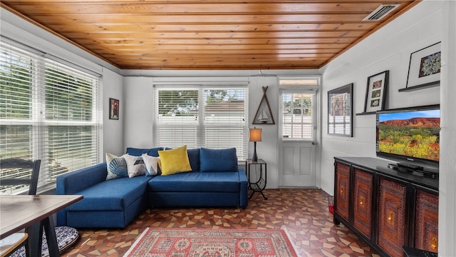 living room with wooden ceiling