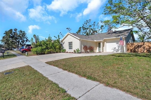 ranch-style house with a garage and a front yard