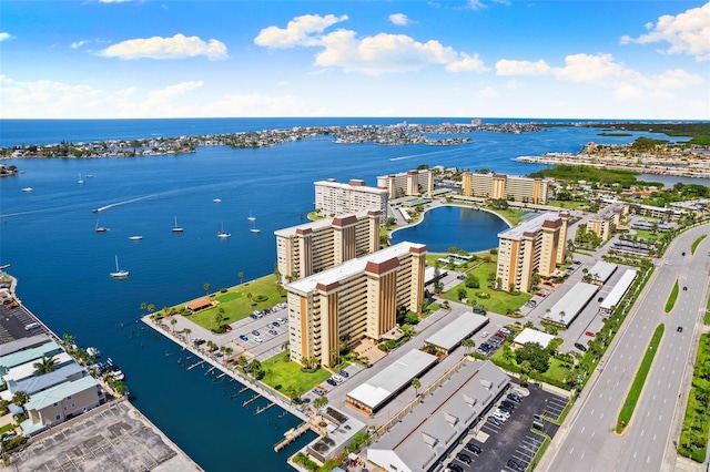 drone / aerial view featuring a water view