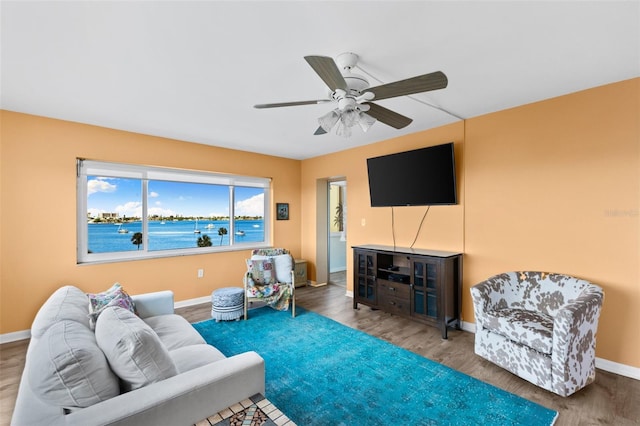 living room featuring ceiling fan and hardwood / wood-style floors