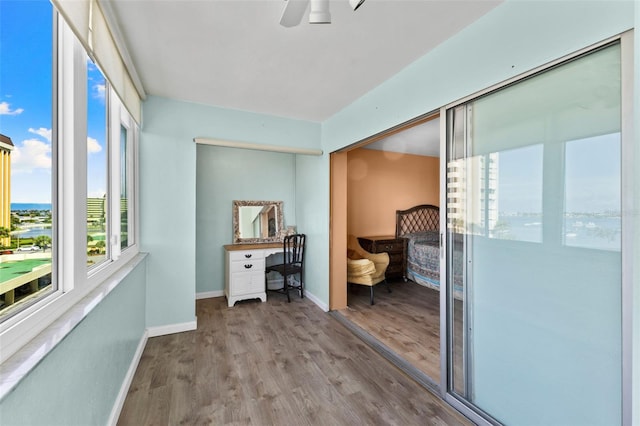 interior space featuring wood-type flooring and a water view