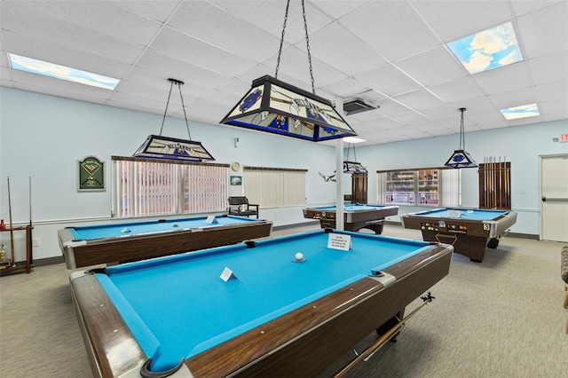 rec room with billiards, carpet flooring, a paneled ceiling, and baseboards