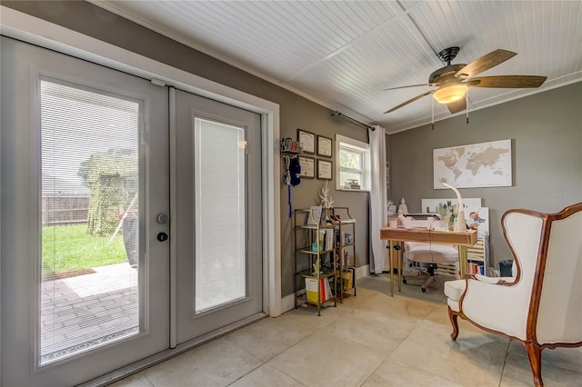 doorway to outside with ceiling fan, plenty of natural light, and french doors