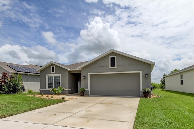 single story home featuring a front yard and a garage