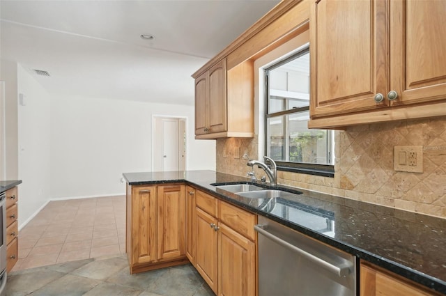 kitchen featuring stainless steel dishwasher, kitchen peninsula, sink, and dark stone counters