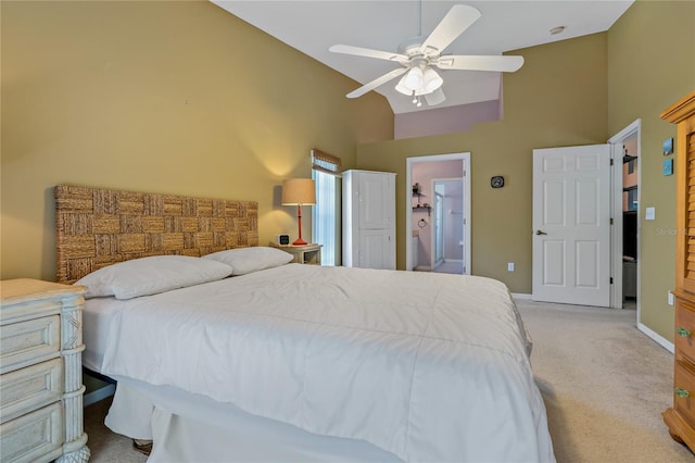 bedroom featuring ceiling fan, light carpet, and high vaulted ceiling