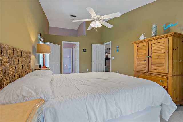 bedroom with ceiling fan and carpet floors