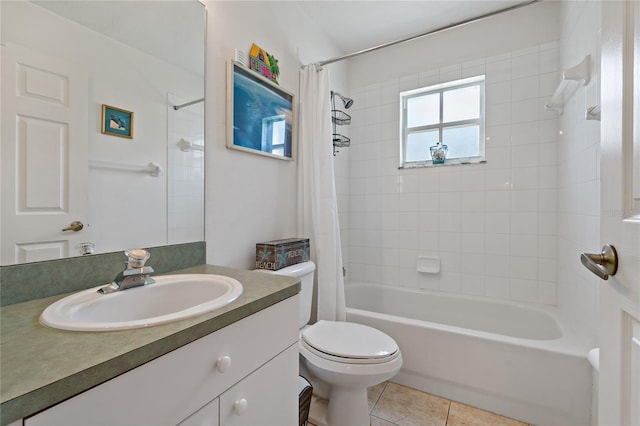 full bathroom with tile patterned floors, shower / bathtub combination with curtain, toilet, and vanity