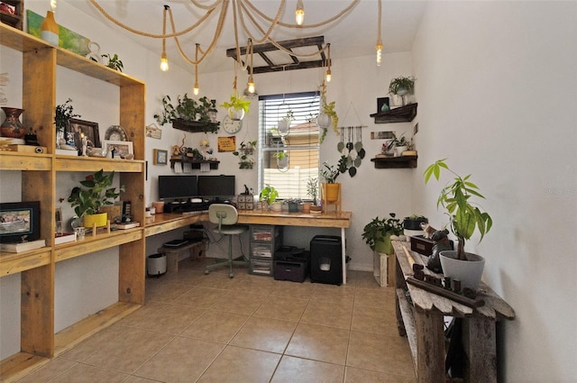 tiled home office featuring built in desk