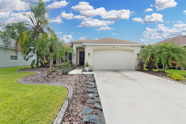 view of front facade with a garage and a front lawn