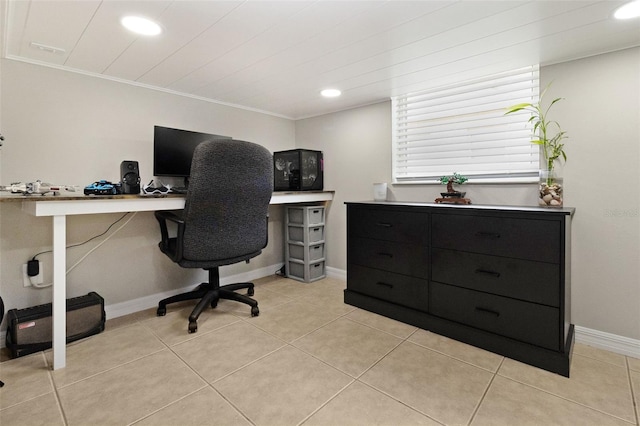 tiled office featuring crown molding