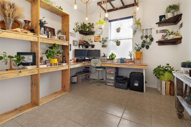 tiled home office featuring built in desk