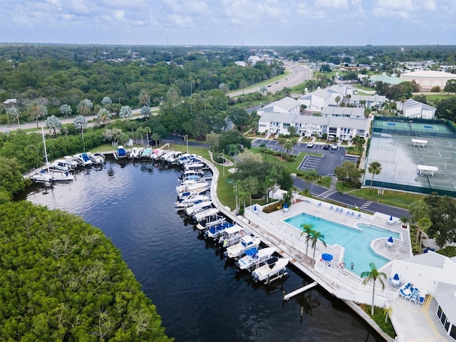 bird's eye view with a water view