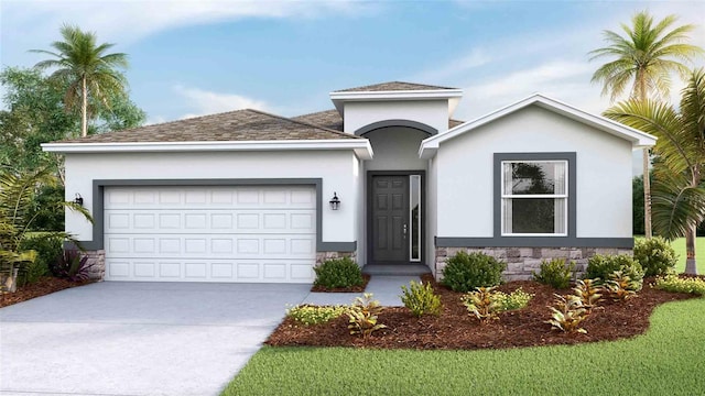 single story home featuring a garage, stone siding, driveway, and stucco siding