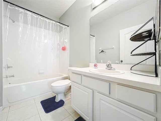 full bathroom featuring shower / bathtub combination with curtain, tile patterned floors, vanity, and toilet