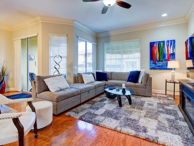 living room featuring ceiling fan, crown molding, and wood-type flooring