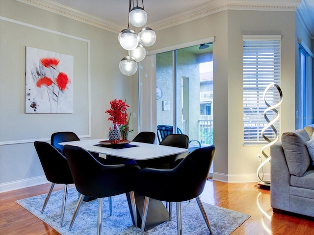 dining room with crown molding, a wealth of natural light, and hardwood / wood-style floors