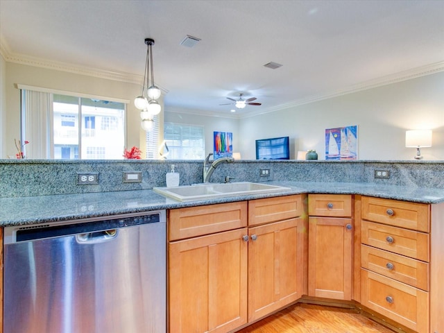 kitchen with stone countertops, light hardwood / wood-style floors, stainless steel dishwasher, sink, and ceiling fan