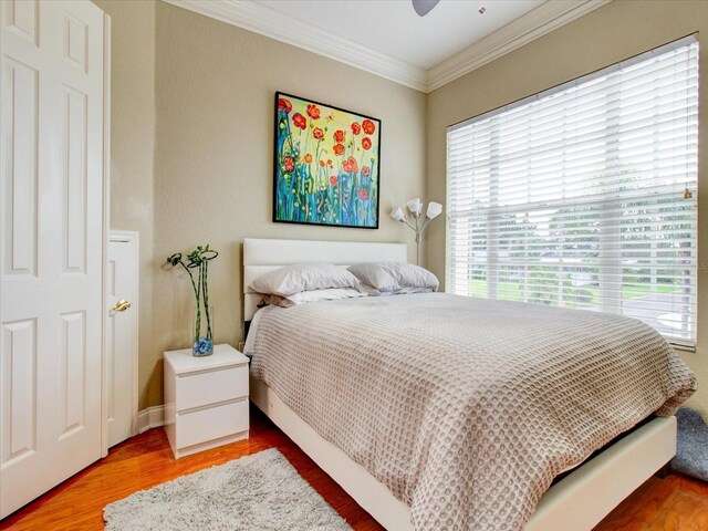 bedroom featuring crown molding, ceiling fan, and wood-type flooring