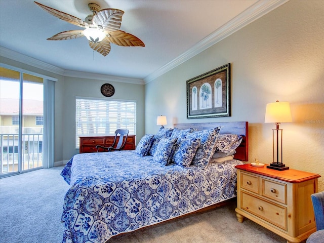 bedroom featuring crown molding, carpet flooring, ceiling fan, and access to outside