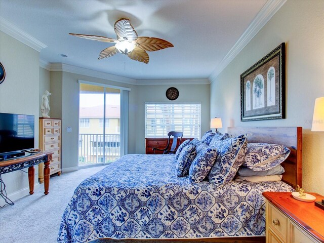 carpeted bedroom featuring ornamental molding, access to exterior, and ceiling fan