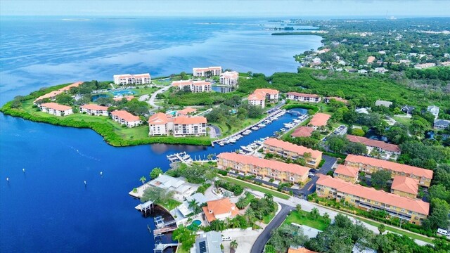 bird's eye view with a water view