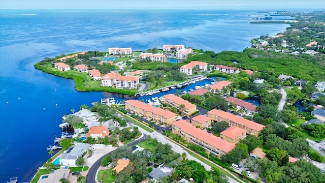 bird's eye view with a water view