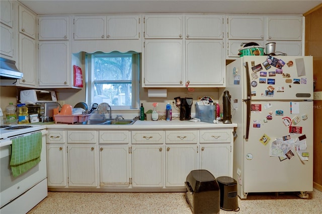 kitchen featuring white cabinetry, white appliances, and sink