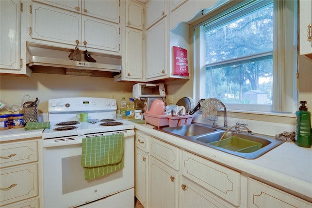 kitchen featuring white electric stove and sink