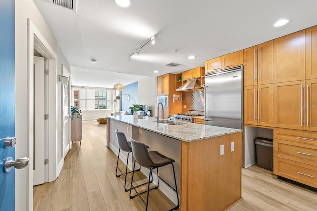 kitchen featuring an island with sink, pendant lighting, light stone counters, and light hardwood / wood-style floors