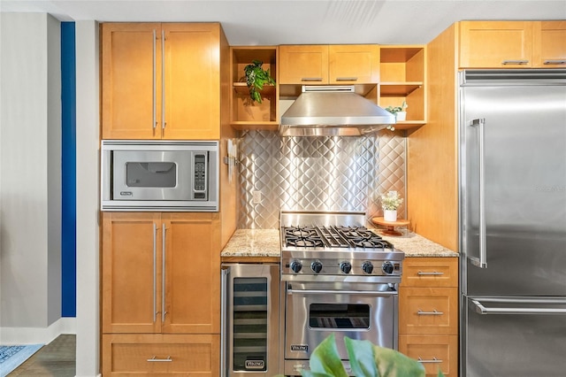 1120 E Kennedy Blvd Unit 734, Tampa, FL 33602 - kitchen featuring wine cooler, open shelves, decorative backsplash, built in appliances, and under cabinet range hood