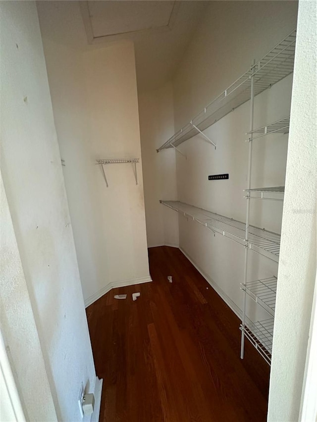 spacious closet with attic access and wood finished floors