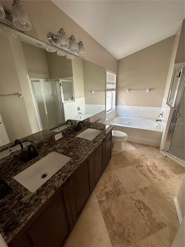 bathroom featuring lofted ceiling, a sink, and a shower stall