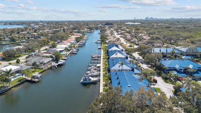 aerial view with a water view and a residential view