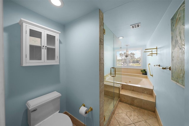 bathroom with tile patterned flooring, toilet, a whirlpool tub, visible vents, and a stall shower