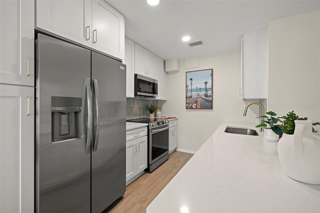 kitchen with light wood-type flooring, stainless steel appliances, white cabinetry, sink, and decorative backsplash