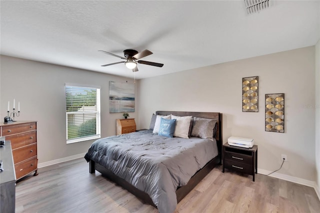 bedroom featuring light hardwood / wood-style floors and ceiling fan