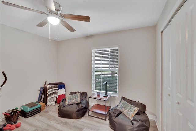 sitting room featuring light hardwood / wood-style floors and ceiling fan