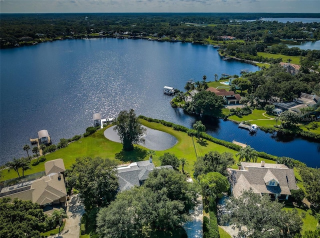 birds eye view of property featuring a water view