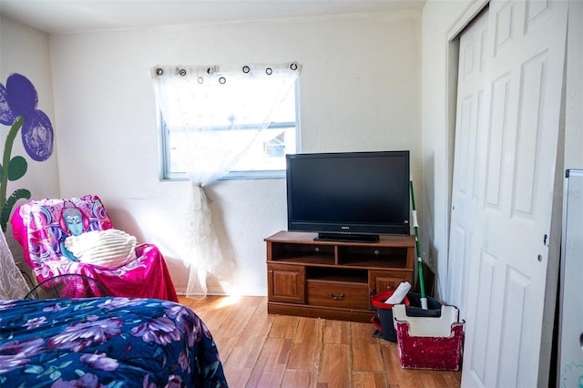 bedroom with hardwood / wood-style floors and a closet