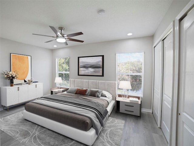 bedroom with ceiling fan, a closet, and wood-type flooring