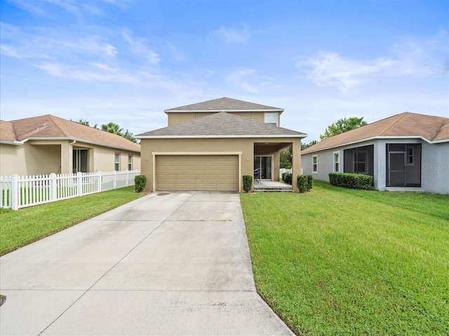 view of front facade featuring a front yard and a garage